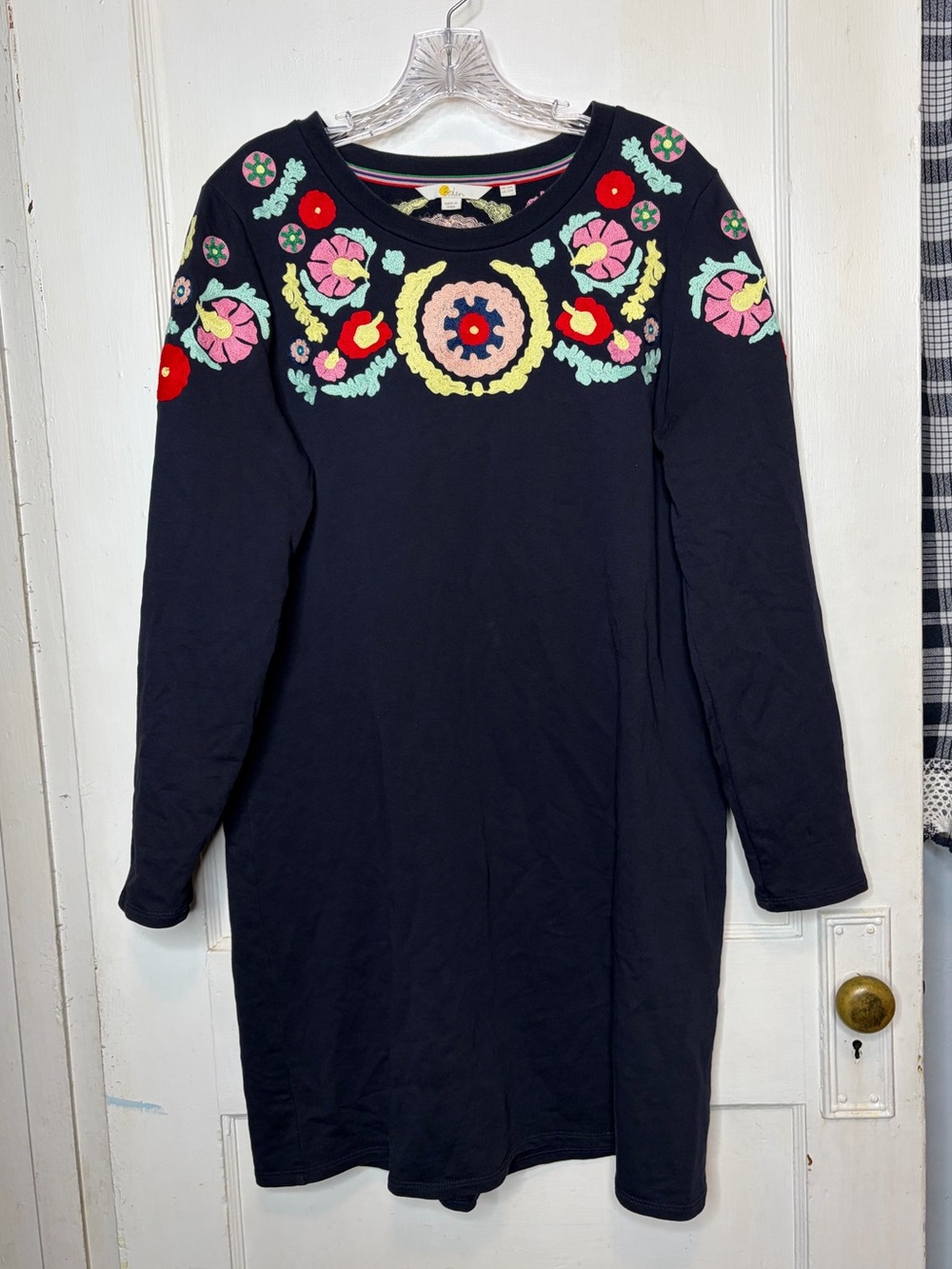 Boden Navy Blue Sweatshirt Dress Medallion Embroidered Floral Womens Size 12